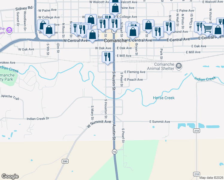 map of restaurants, bars, coffee shops, grocery stores, and more near 803 South Austin Street in Comanche