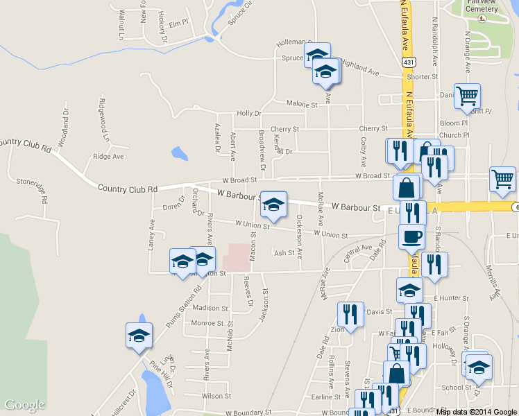 map of restaurants, bars, coffee shops, grocery stores, and more near 211 Macon St in Eufaula