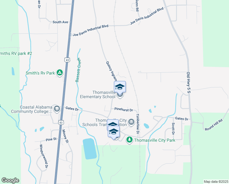 map of restaurants, bars, coffee shops, grocery stores, and more near 401 Quincy Ingram Street in Thomasville