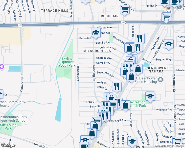 map of restaurants, bars, coffee shops, grocery stores, and more near 5120 Beautonne Avenue in El Paso