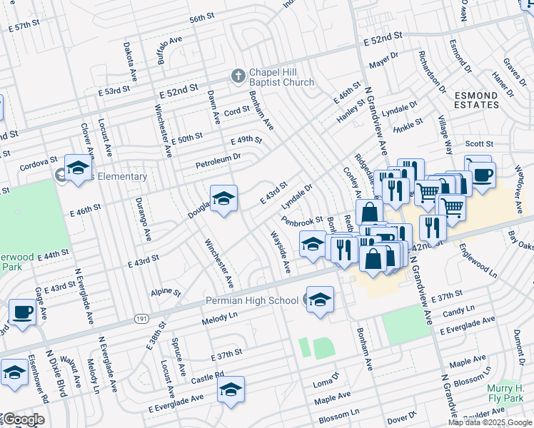 map of restaurants, bars, coffee shops, grocery stores, and more near 1813 Lyndale Drive in Odessa