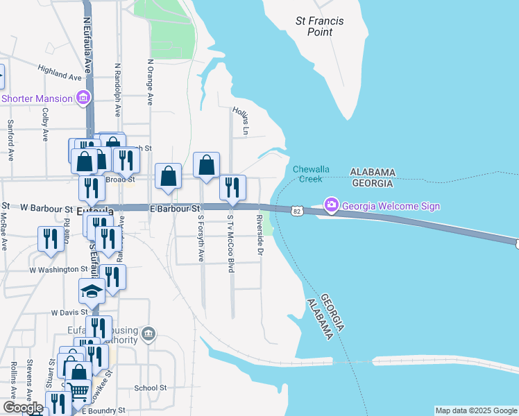 map of restaurants, bars, coffee shops, grocery stores, and more near 101 Riverside Drive in Eufaula