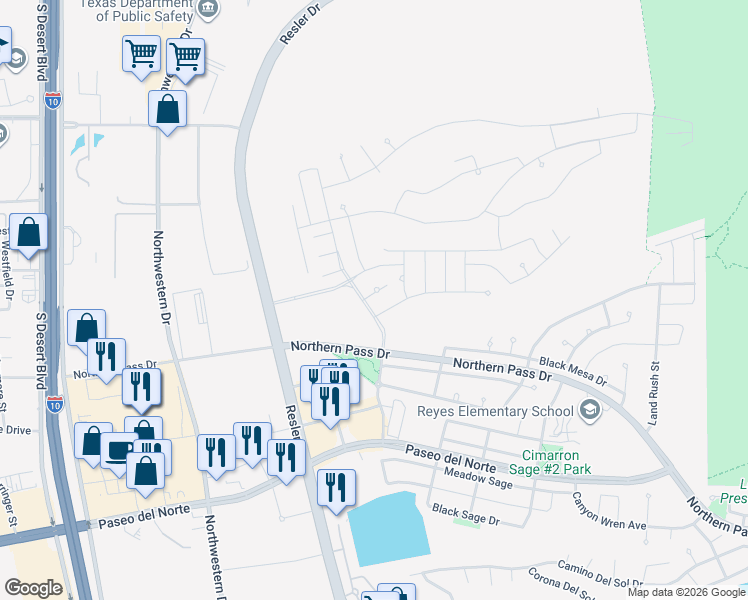 map of restaurants, bars, coffee shops, grocery stores, and more near 7466 Smugglers Gulch Court in El Paso