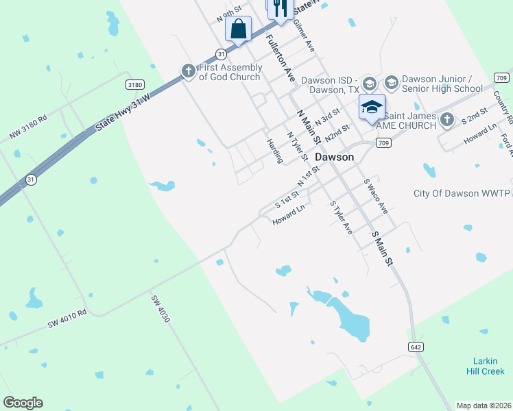 map of restaurants, bars, coffee shops, grocery stores, and more near 122 1st Street in Dawson