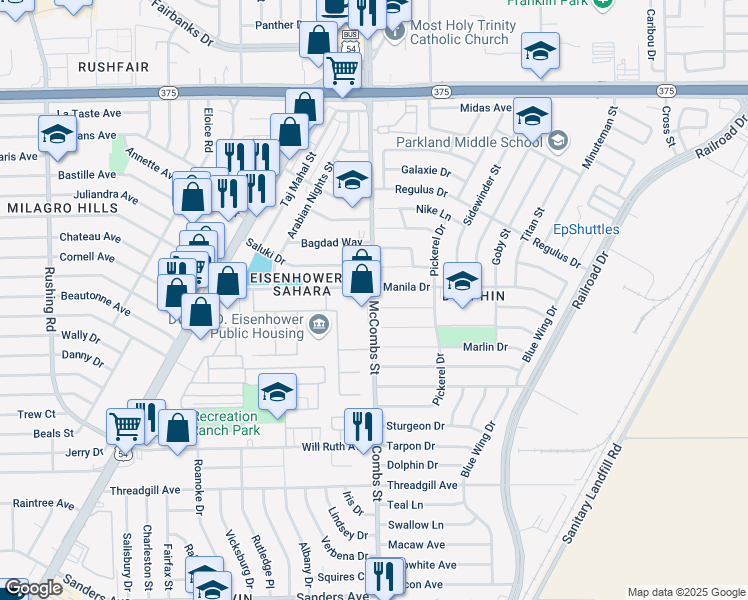 map of restaurants, bars, coffee shops, grocery stores, and more near 9795 McCombs Street in El Paso