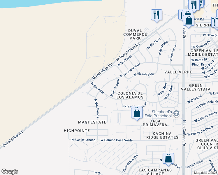 map of restaurants, bars, coffee shops, grocery stores, and more near 936 West Vía Pitic in Green Valley