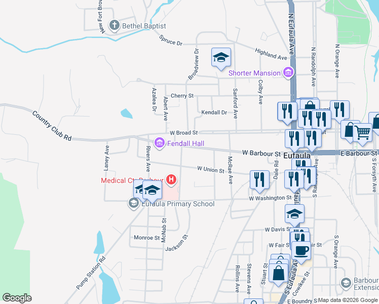 map of restaurants, bars, coffee shops, grocery stores, and more near 211 Macon St in Eufaula