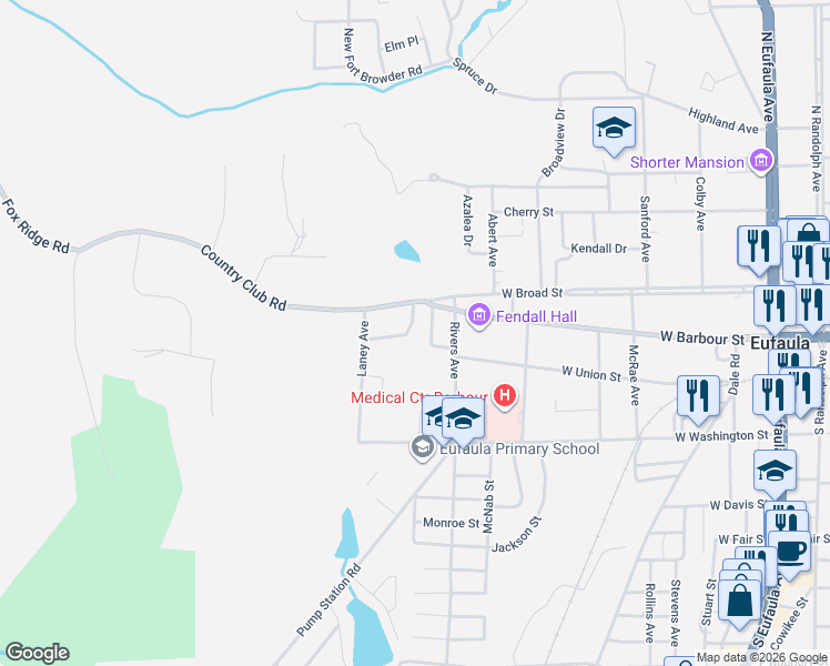 map of restaurants, bars, coffee shops, grocery stores, and more near 1105 Doren Dr in Eufaula