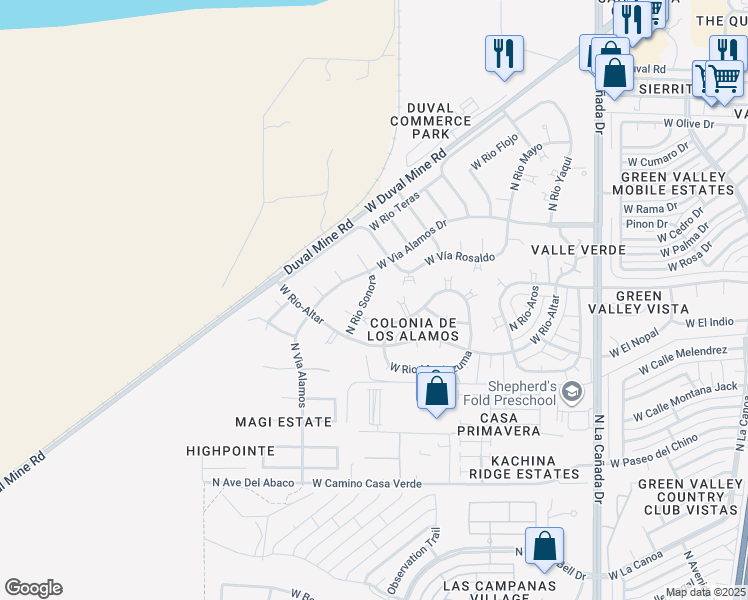 map of restaurants, bars, coffee shops, grocery stores, and more near 1464 North Rio Sonora in Green Valley