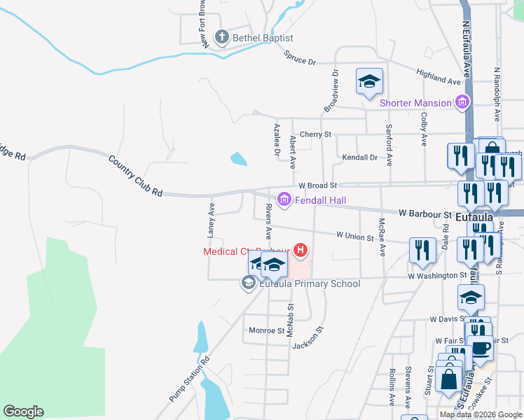 map of restaurants, bars, coffee shops, grocery stores, and more near in Eufaula