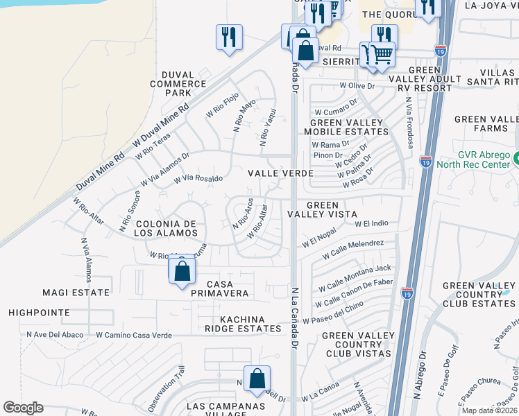 map of restaurants, bars, coffee shops, grocery stores, and more near 386 West Rio-Altar in Green Valley