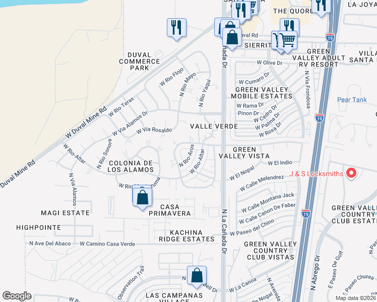 map of restaurants, bars, coffee shops, grocery stores, and more near 1445 North Rio Aros in Green Valley