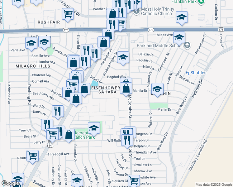map of restaurants, bars, coffee shops, grocery stores, and more near 82A Manila Drive in El Paso