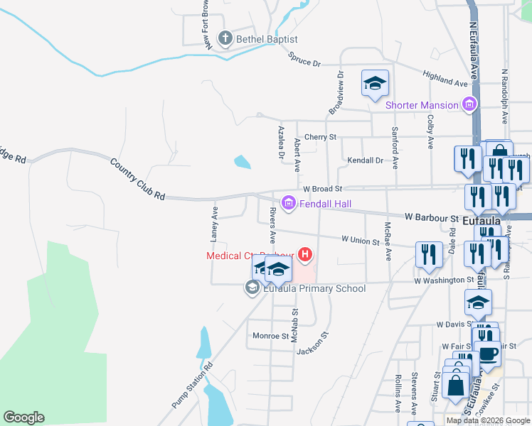 map of restaurants, bars, coffee shops, grocery stores, and more near in Eufaula