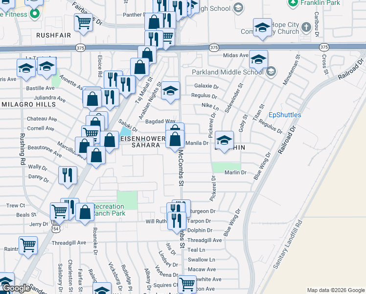 map of restaurants, bars, coffee shops, grocery stores, and more near 9795 McCombs Street in El Paso