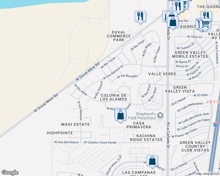 map of restaurants, bars, coffee shops, grocery stores, and more near 718 West Rio San Pedro in Green Valley