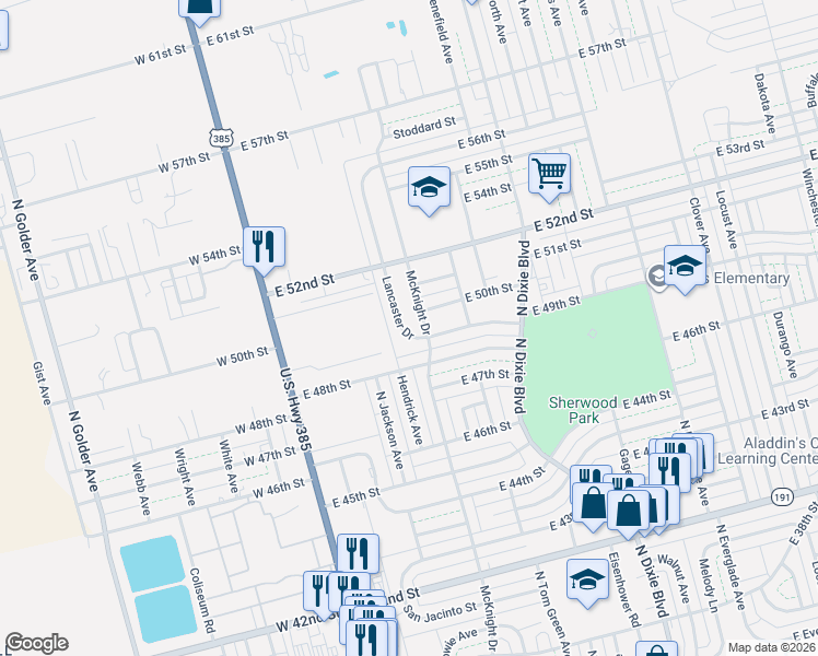 map of restaurants, bars, coffee shops, grocery stores, and more near 4902-4904 Lancaster Drive in Odessa
