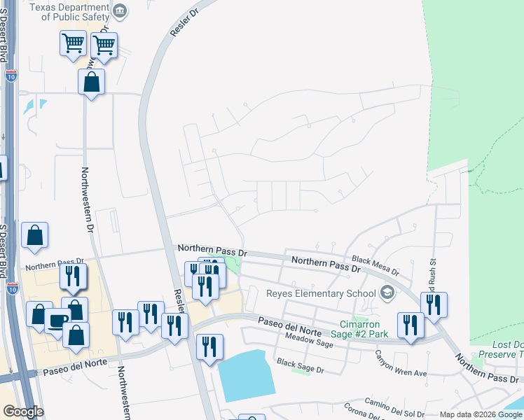 map of restaurants, bars, coffee shops, grocery stores, and more near 1734 Buckboard Street in El Paso