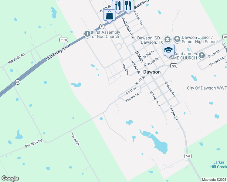 map of restaurants, bars, coffee shops, grocery stores, and more near 122 1st Street in Dawson
