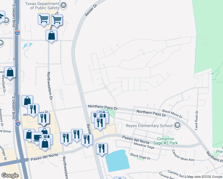 map of restaurants, bars, coffee shops, grocery stores, and more near 7466 Smugglers Gulch Court in El Paso