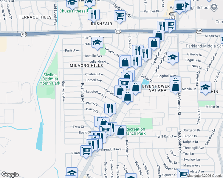 map of restaurants, bars, coffee shops, grocery stores, and more near 5313 Marcillus Avenue in El Paso