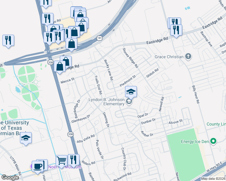 map of restaurants, bars, coffee shops, grocery stores, and more near 6335 Glenhaven Drive in Odessa