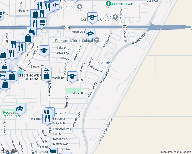 map of restaurants, bars, coffee shops, grocery stores, and more near 6012 Manila Drive in El Paso