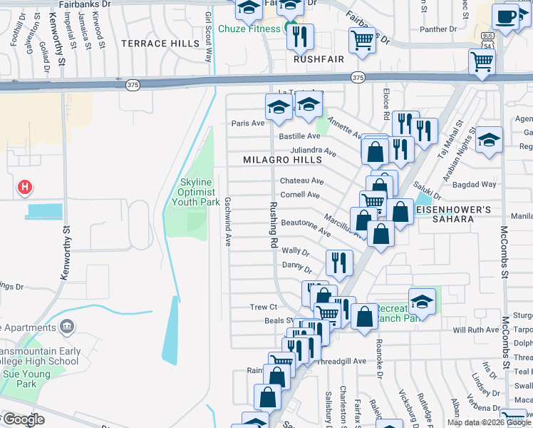 map of restaurants, bars, coffee shops, grocery stores, and more near 5120 Beautonne Avenue in El Paso