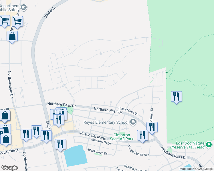 map of restaurants, bars, coffee shops, grocery stores, and more near 7410 Sidewinder Bend in El Paso