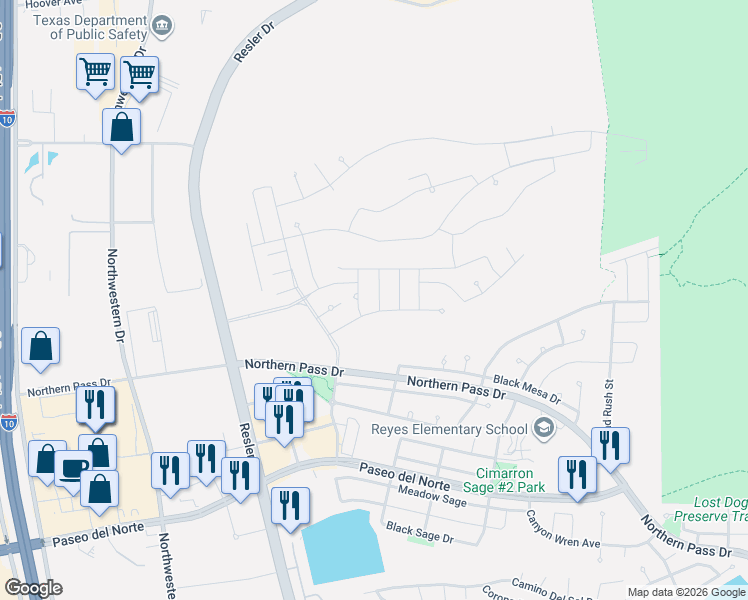 map of restaurants, bars, coffee shops, grocery stores, and more near 1734 Buckboard Street in El Paso