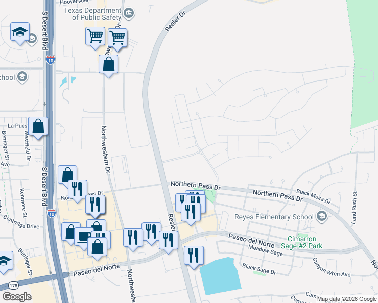 map of restaurants, bars, coffee shops, grocery stores, and more near 7508 Porterhouse Court in El Paso
