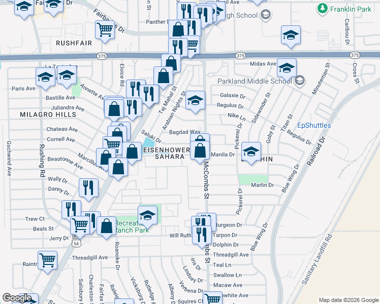 map of restaurants, bars, coffee shops, grocery stores, and more near 82A Manila Drive in El Paso