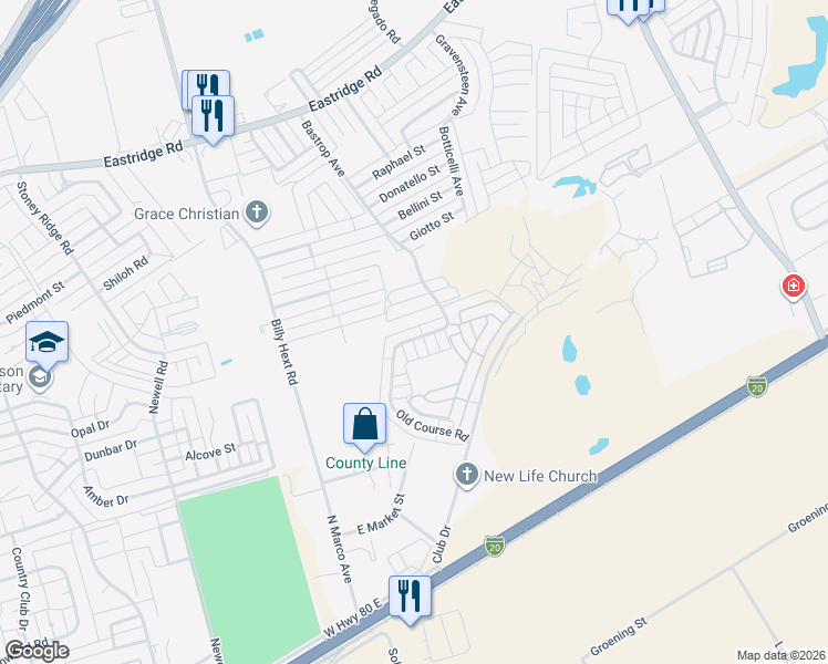 map of restaurants, bars, coffee shops, grocery stores, and more near 1003 Old Course Road in Odessa
