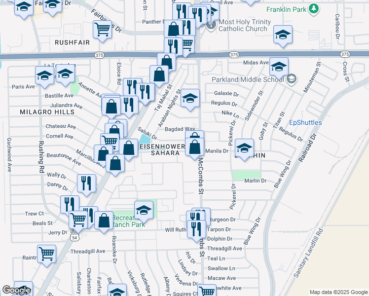 map of restaurants, bars, coffee shops, grocery stores, and more near 82A Manila Drive in El Paso