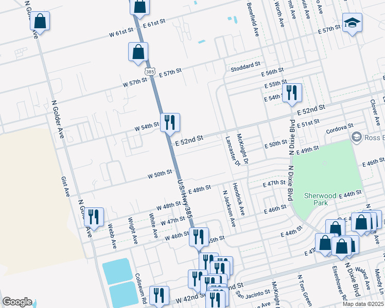 map of restaurants, bars, coffee shops, grocery stores, and more near 114 Blue Drive in Odessa