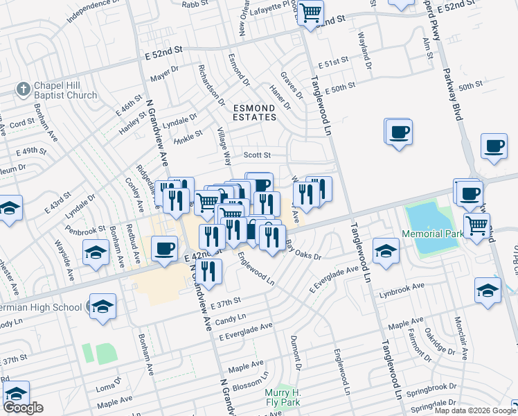 map of restaurants, bars, coffee shops, grocery stores, and more near 3909 East 42nd Street in Odessa