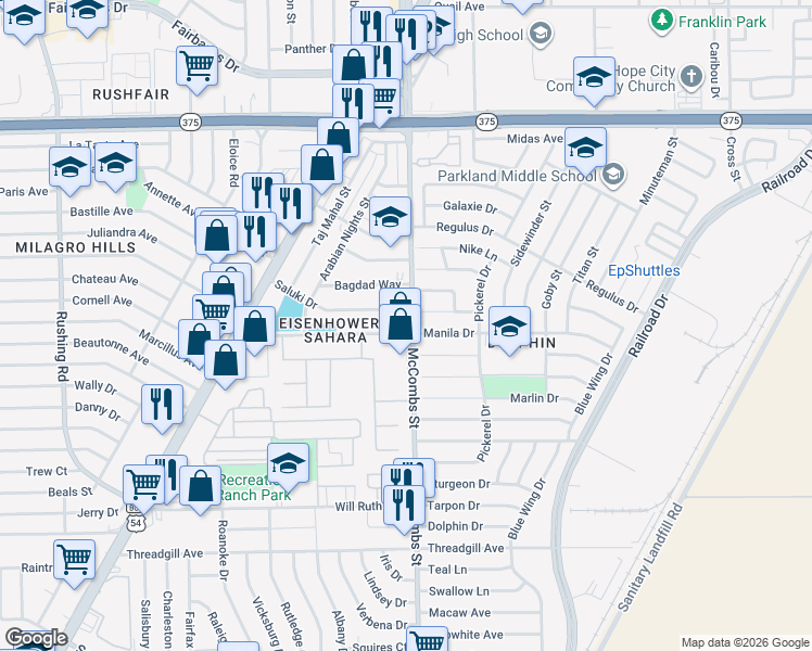 map of restaurants, bars, coffee shops, grocery stores, and more near 5741 Manila Drive in El Paso