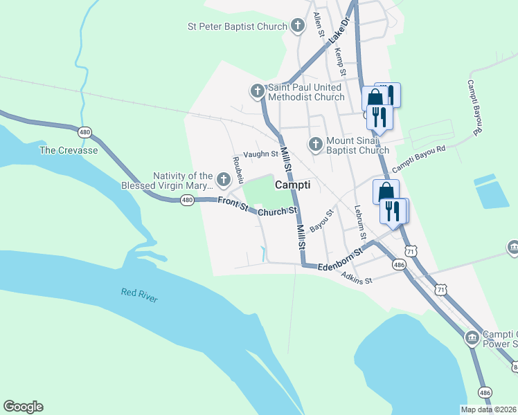 map of restaurants, bars, coffee shops, grocery stores, and more near 154 Church Street in Campti