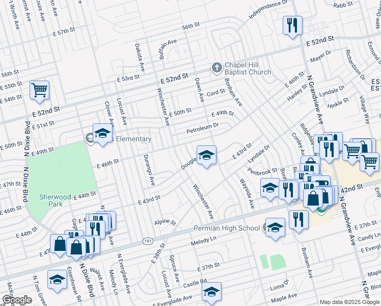map of restaurants, bars, coffee shops, grocery stores, and more near 4404 Buffalo Avenue in Odessa