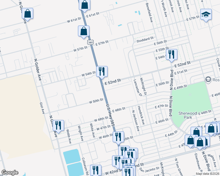 map of restaurants, bars, coffee shops, grocery stores, and more near 120 East 52nd Street in Odessa