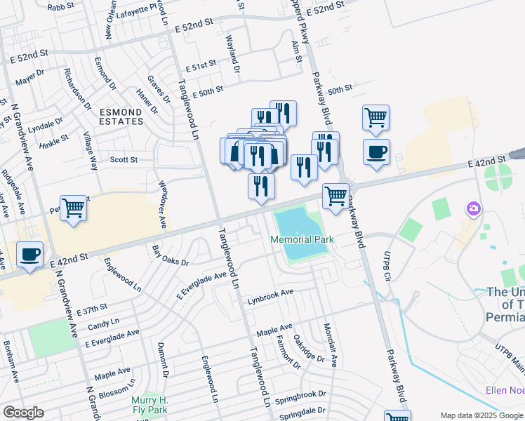 map of restaurants, bars, coffee shops, grocery stores, and more near 4730 East 42nd Street in Odessa