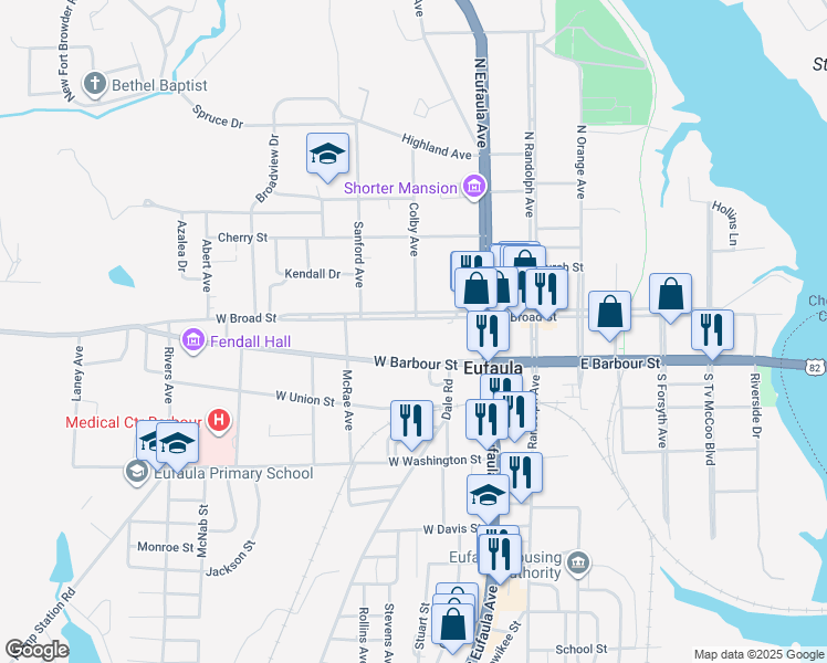 map of restaurants, bars, coffee shops, grocery stores, and more near 300-324 West Broad Street in Eufaula