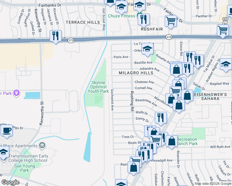 map of restaurants, bars, coffee shops, grocery stores, and more near 5108 Cornell Avenue in El Paso
