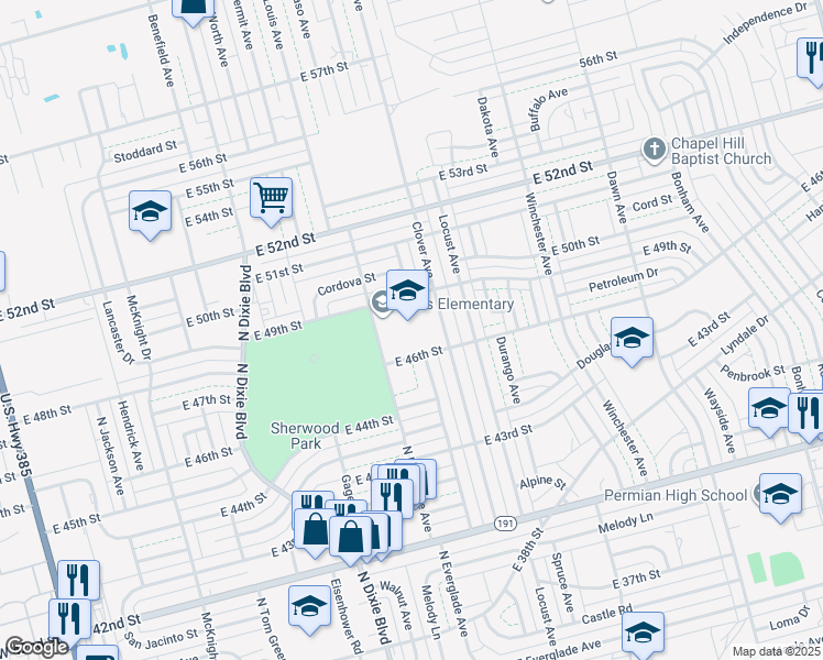 map of restaurants, bars, coffee shops, grocery stores, and more near 4600 North Everglade Avenue in Odessa