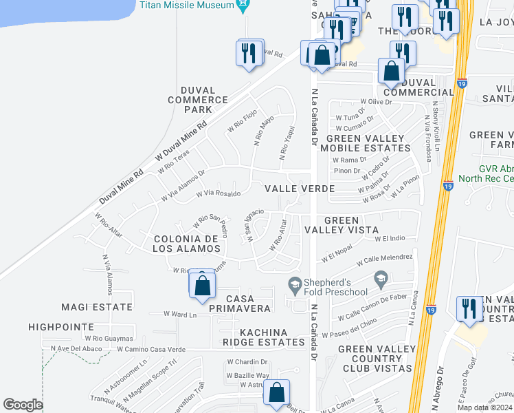 map of restaurants, bars, coffee shops, grocery stores, and more near 434 West San Ignacio in Green Valley