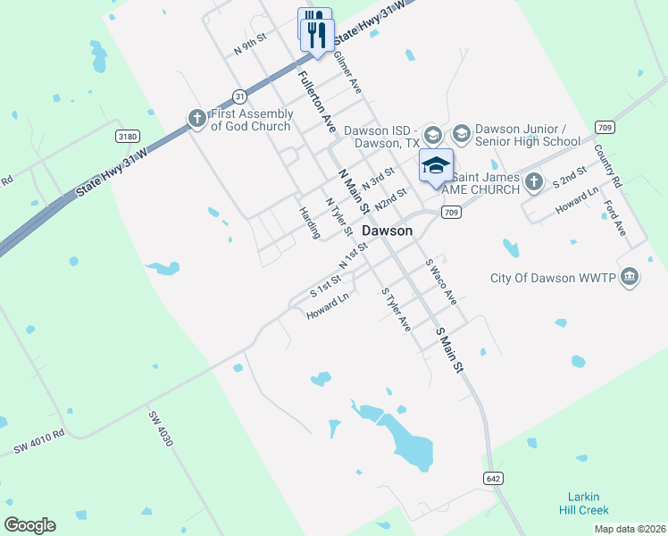 map of restaurants, bars, coffee shops, grocery stores, and more near 103 North Tyler Avenue in Dawson