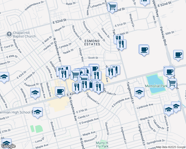 map of restaurants, bars, coffee shops, grocery stores, and more near 3909 East 42nd Street in Odessa