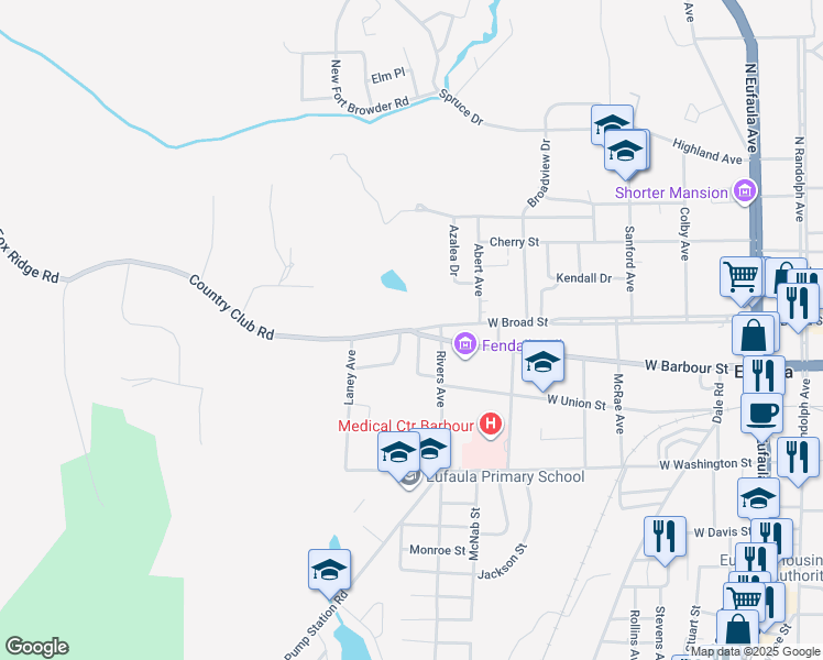 map of restaurants, bars, coffee shops, grocery stores, and more near 1070 West Broad Street in Eufaula