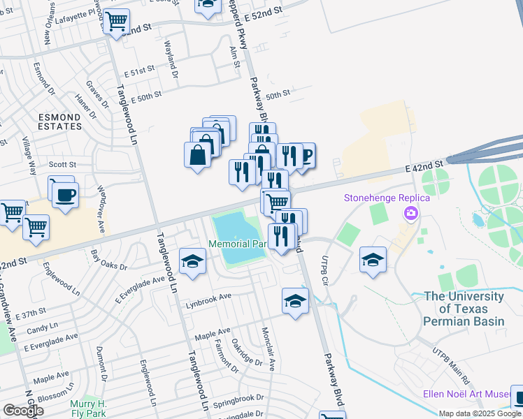 map of restaurants, bars, coffee shops, grocery stores, and more near 4900 East 42nd Street in Odessa