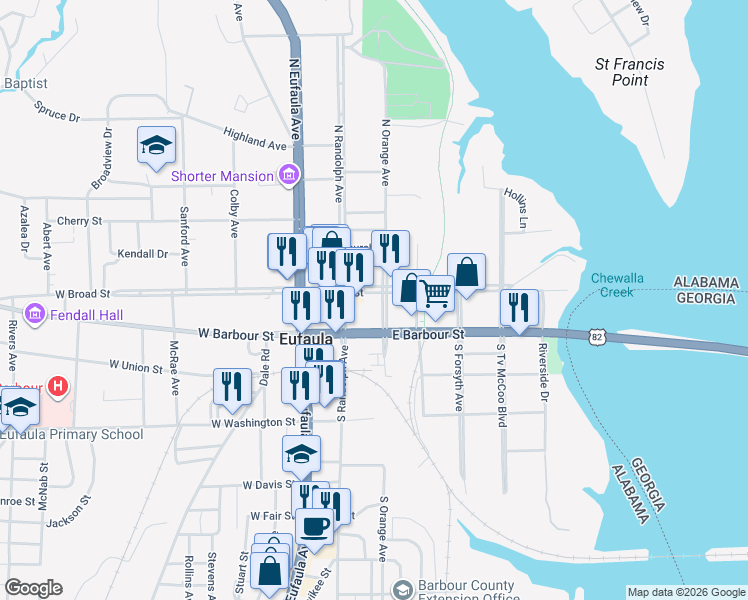 map of restaurants, bars, coffee shops, grocery stores, and more near 257 East Broad Street in Eufaula